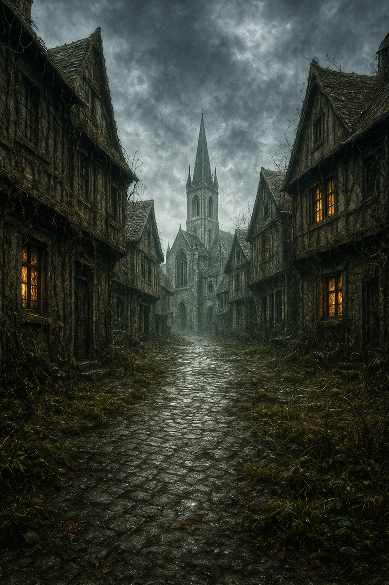The dark street of Bleakfield leading toward the church